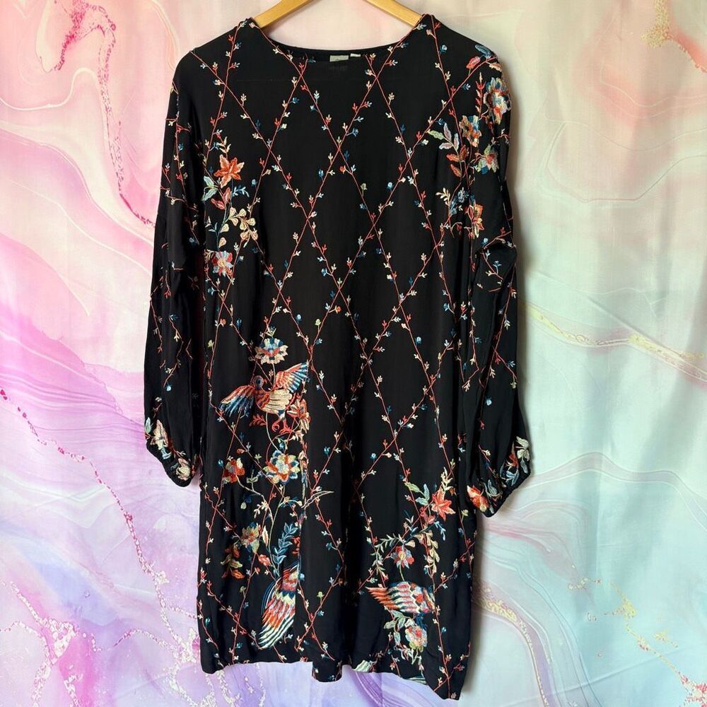 Seen Worn Kept 2 Anthropologie Embroidered Black Dress Floral Birds Artsy Preppy
